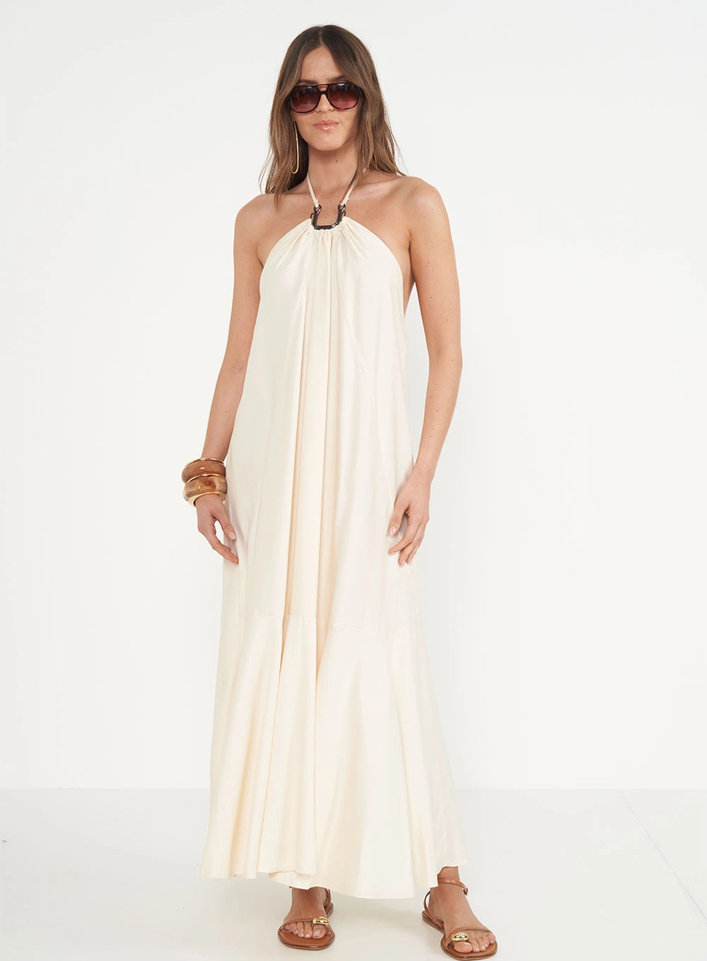 Vestido Loose Com Detalhe Em Metal Bege