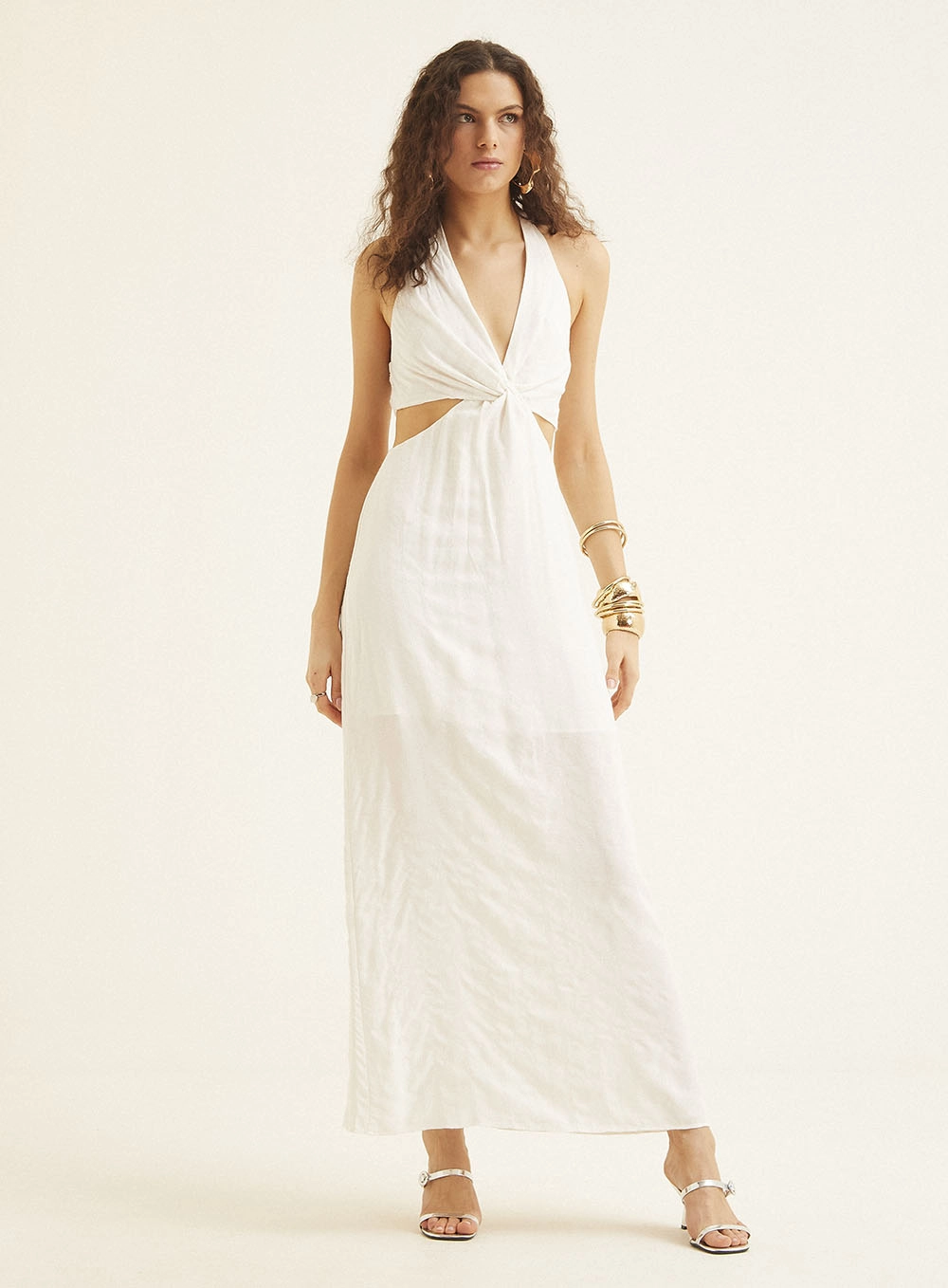 Vestido Midi Com Detalhes E Decote Halter Branco 2