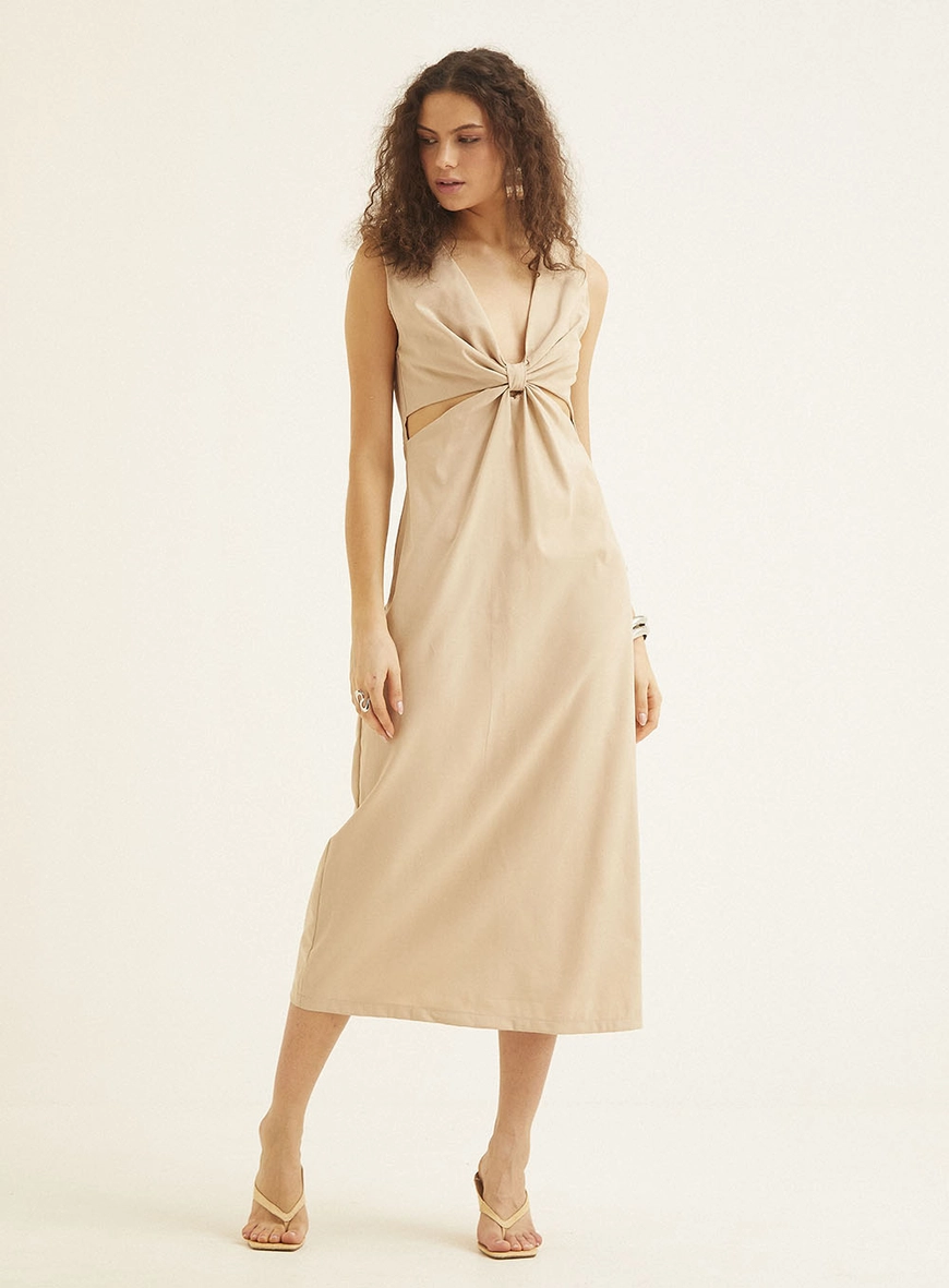 Vestido Midi Decote Em V Com Nó Frontal Bege 1