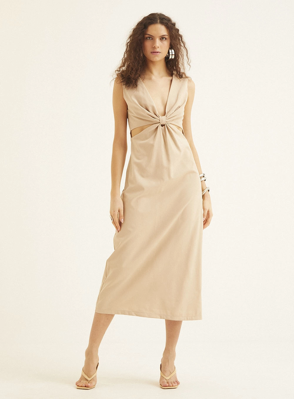 Vestido Midi Decote Em V Com Nó Frontal Bege 2
