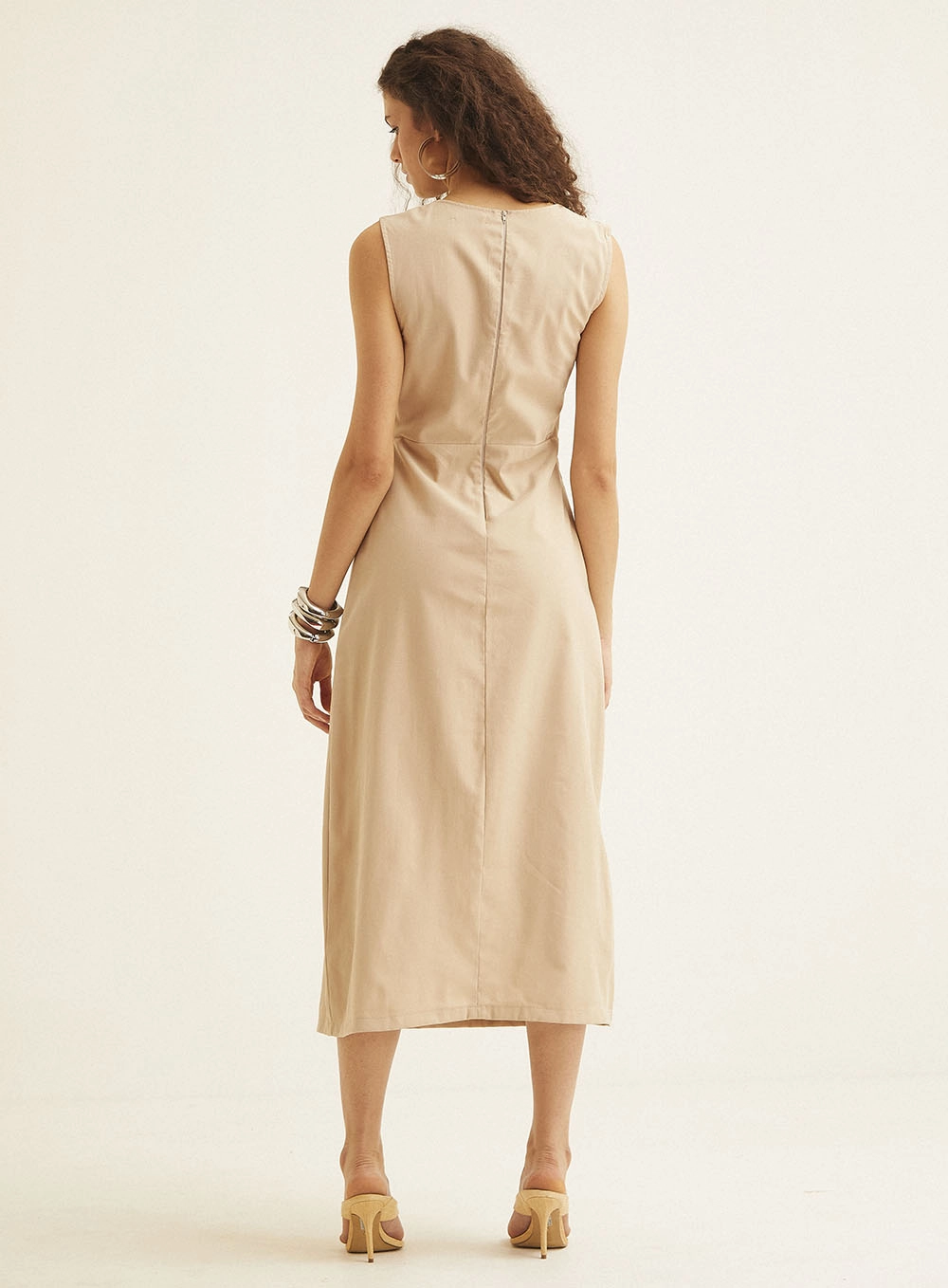 Vestido Midi Decote Em V Com Nó Frontal Bege 4