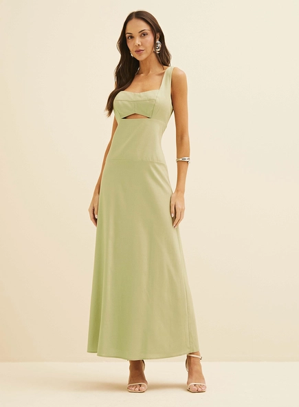 Vestido Midi Em Linho Com Recorte