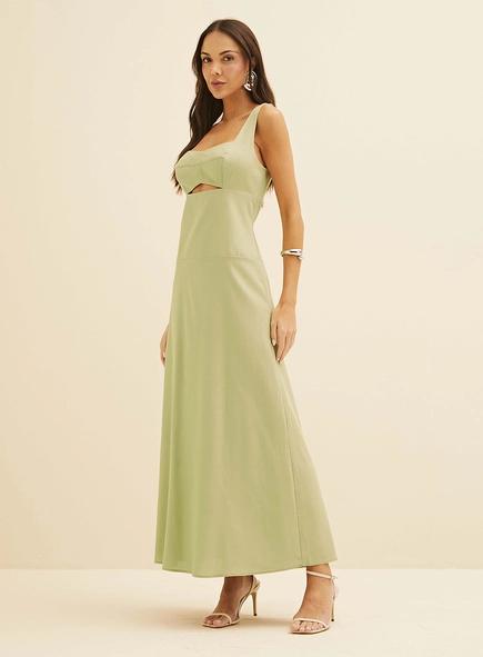 Vestido Midi Em Linho Com Recorte
