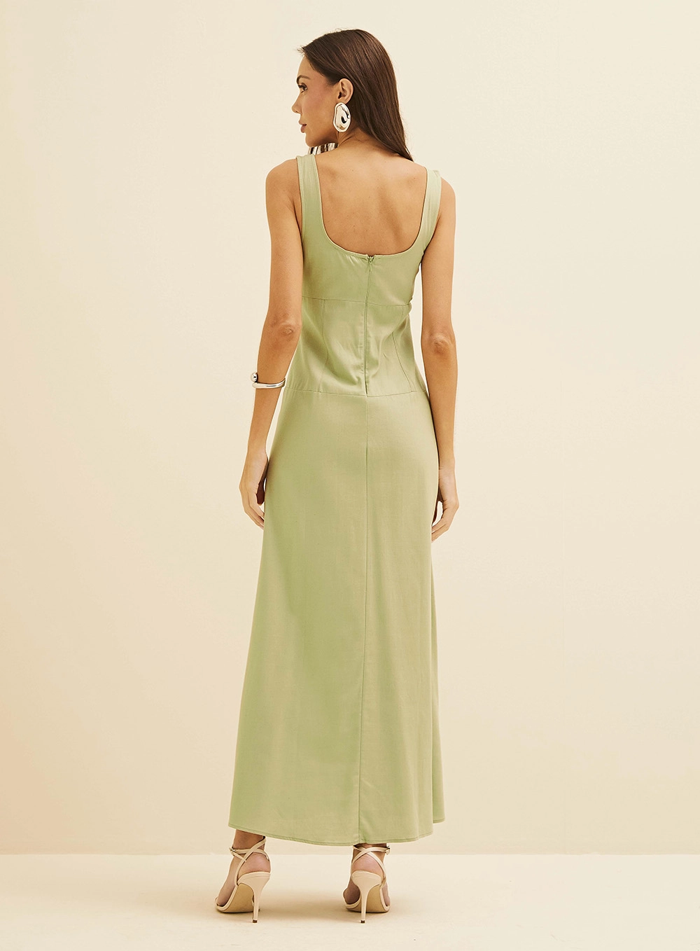 Vestido Midi Em Linho Com Recorte Verde 3