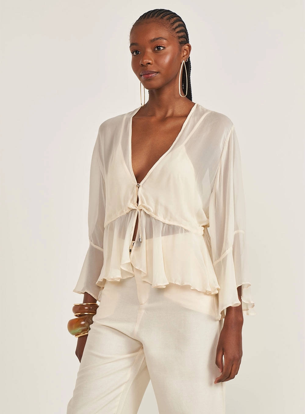 Blusa Comfort Ampla Com Transparência Bege