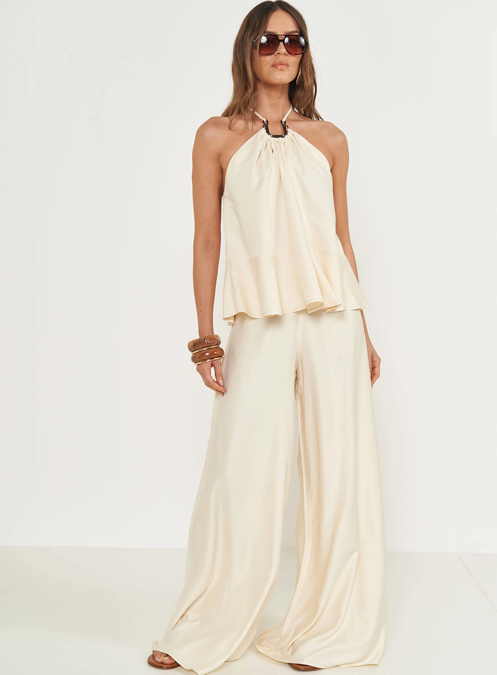 Blusa Frente Única Com Babados Bege