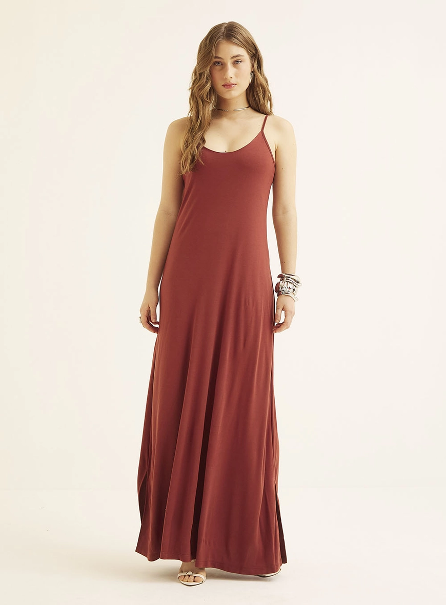 Vestido Longo Com Detalhe E Amarração Marrom 2