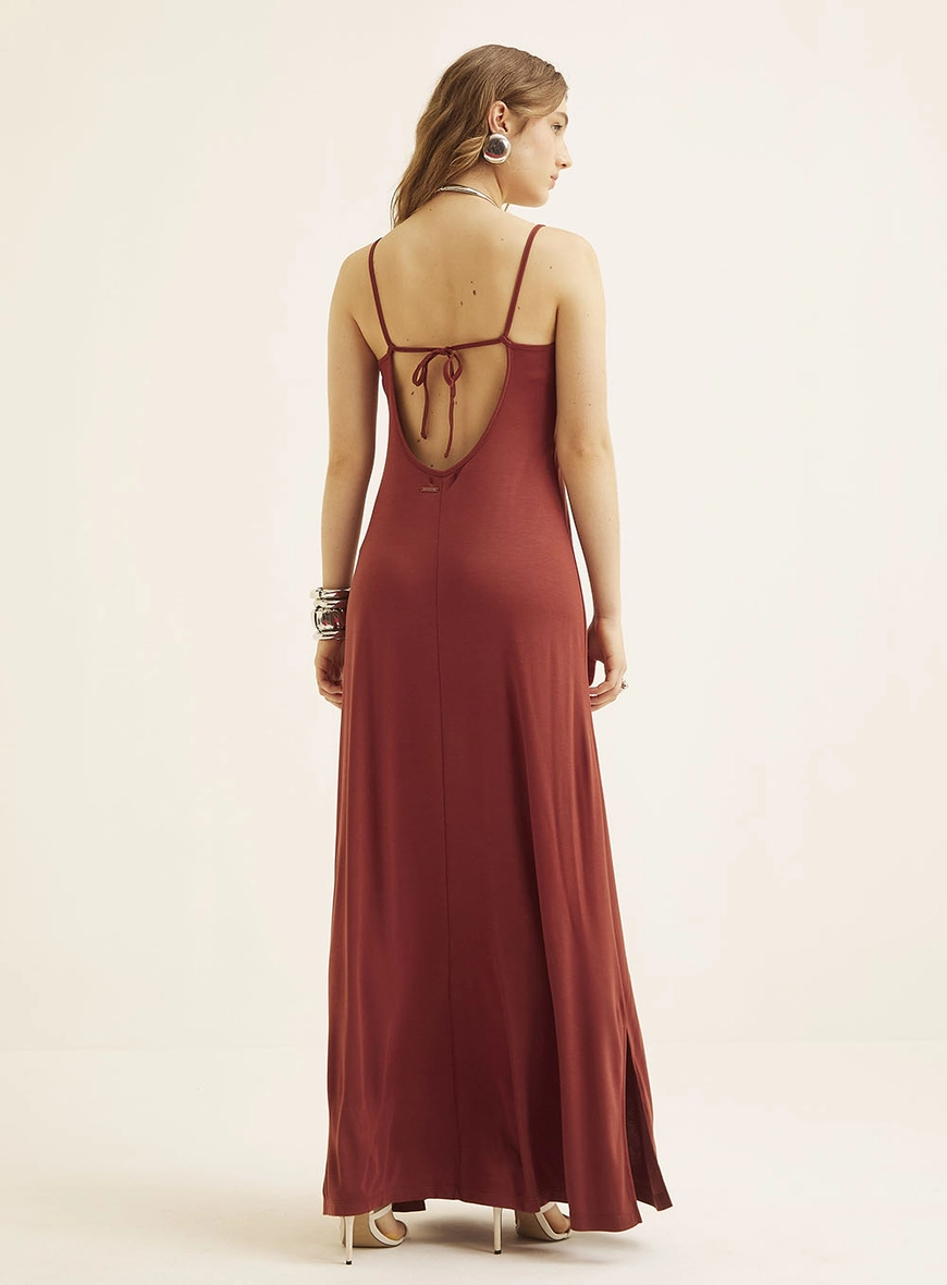 Vestido Longo Com Detalhe E Amarração Marrom 4