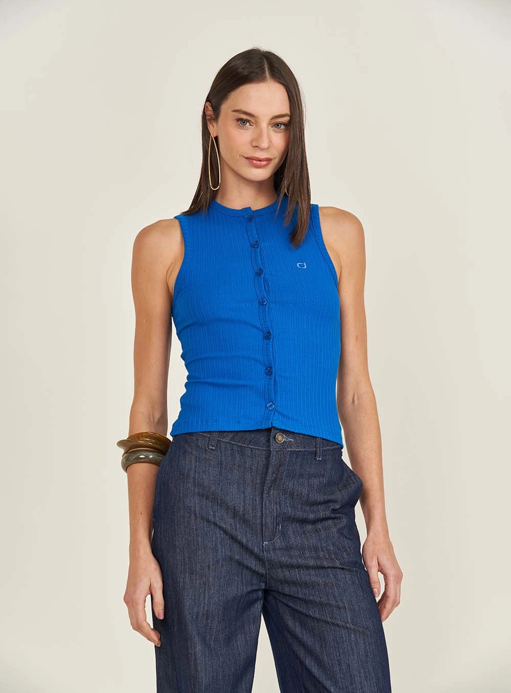 Blusa Slim Com Botões Azul