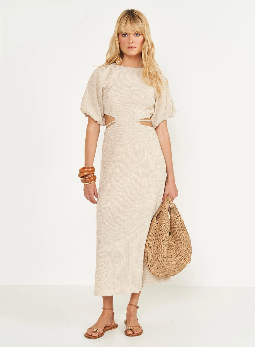 Vestido Listrado Midi Mangas Bufantes