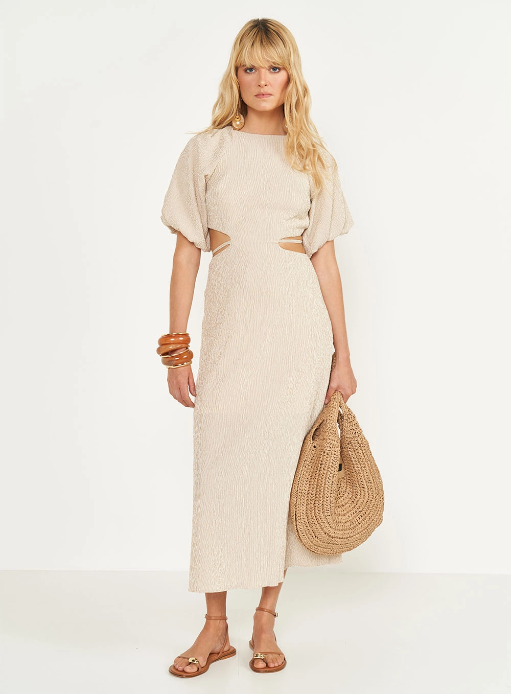 Vestido Listrado Midi Mangas Bufantes Estampados
