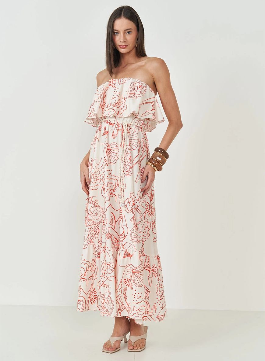 Vestido Midi Estampado Com Babados