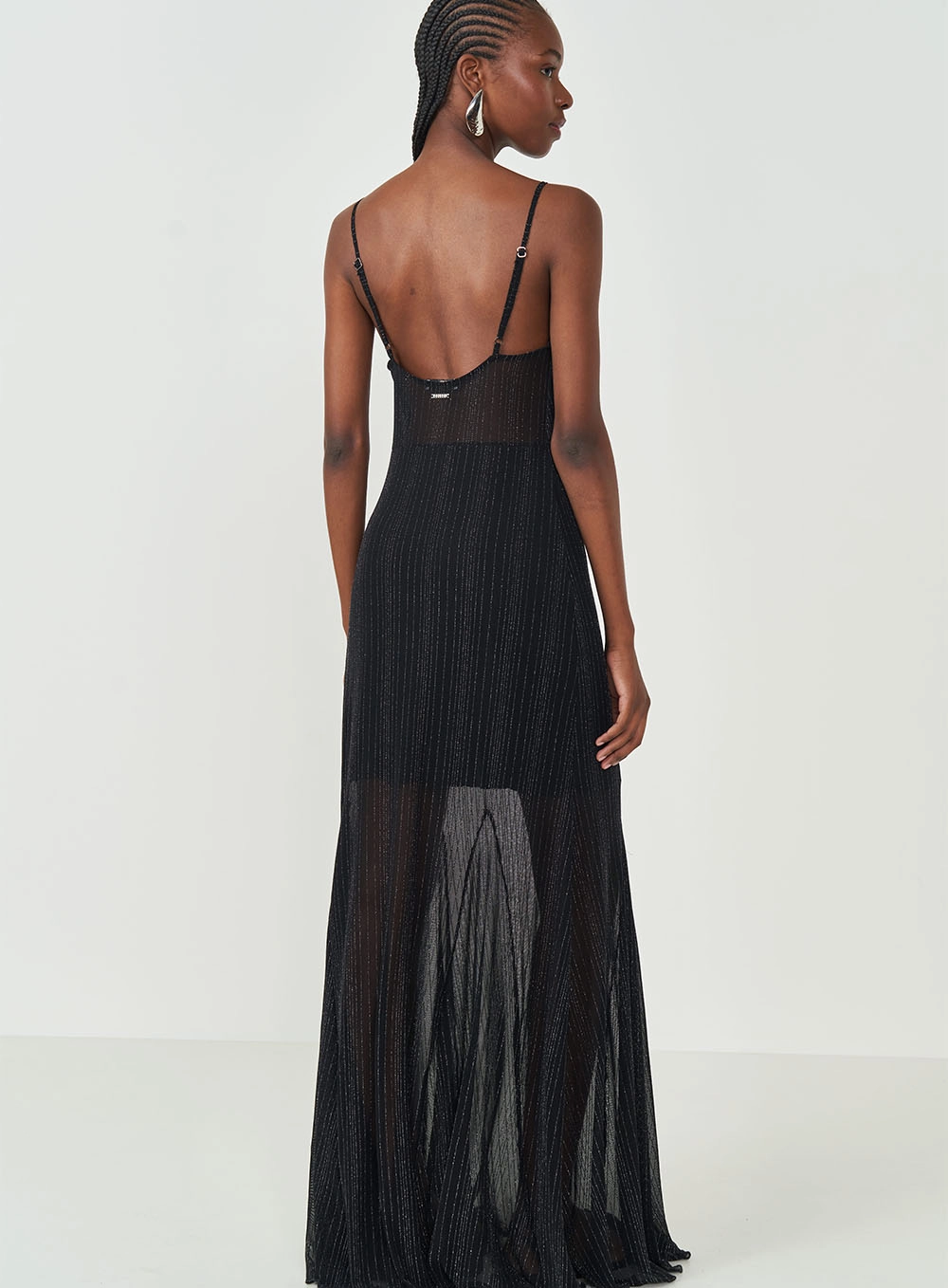 Vestido Longo Em Tule Com Transparência Preto