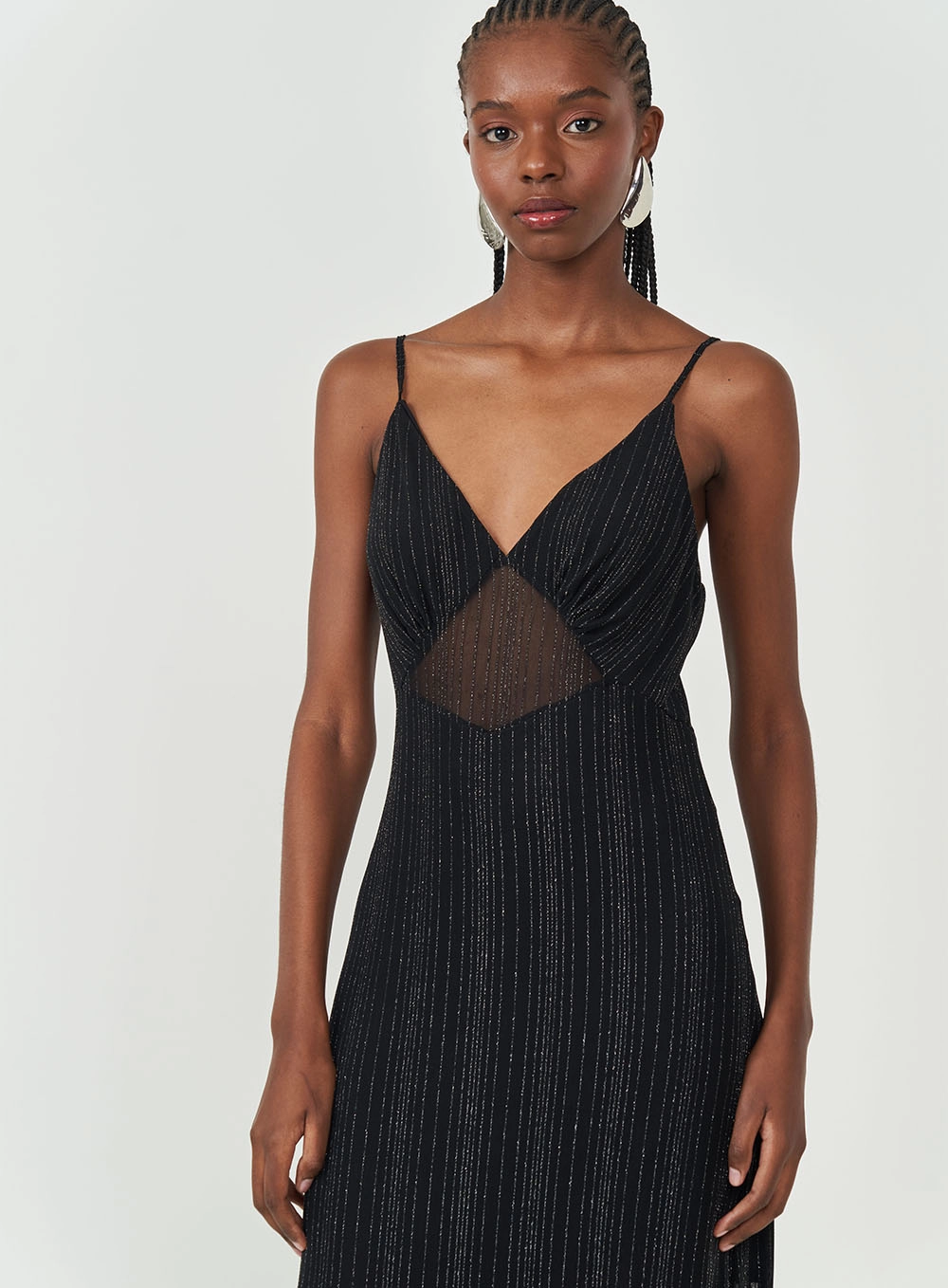 Vestido Longo Em Tule Com Transparência Preto