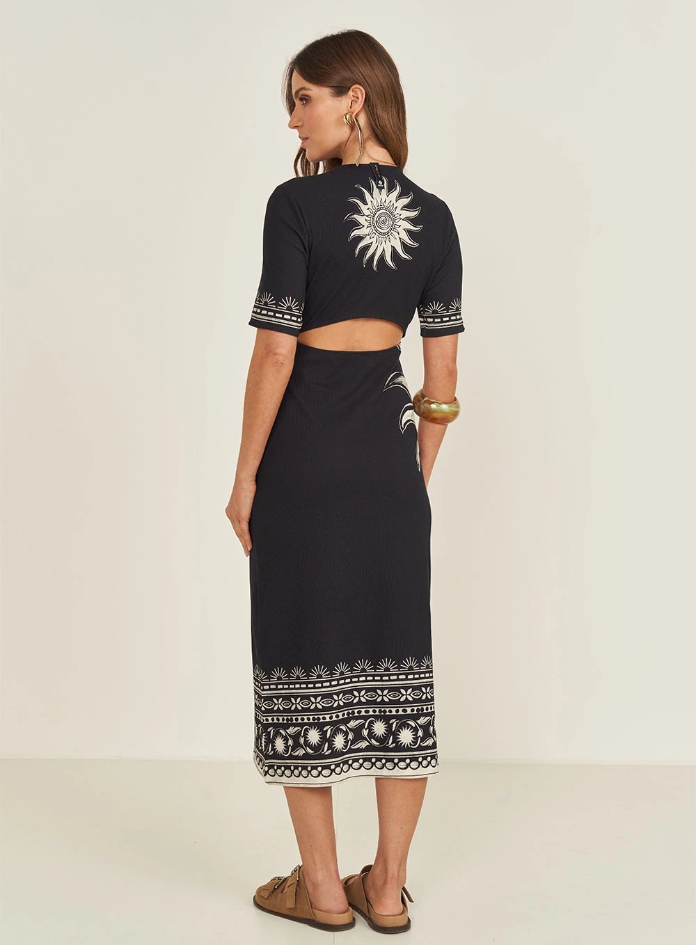 Vestido Midi Canelado Com Estampa Estampados