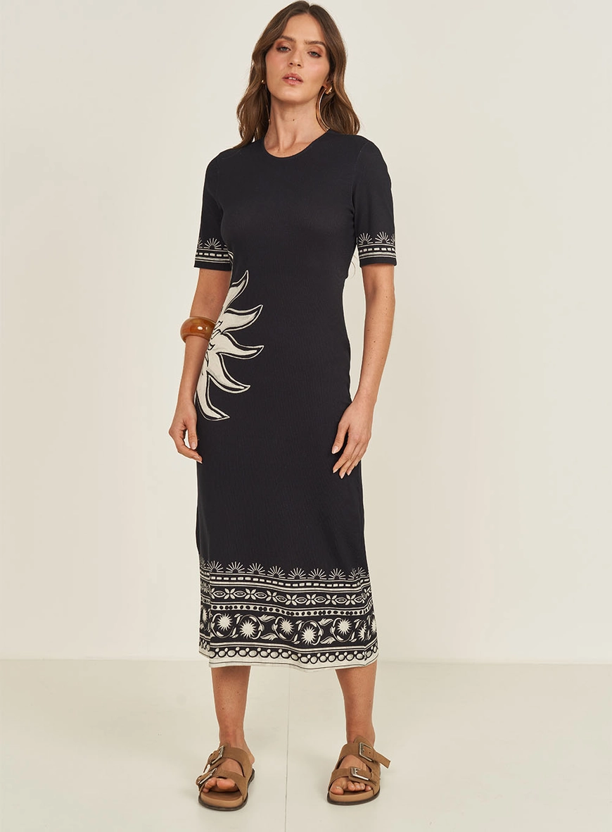 Vestido Midi Canelado Com Estampa