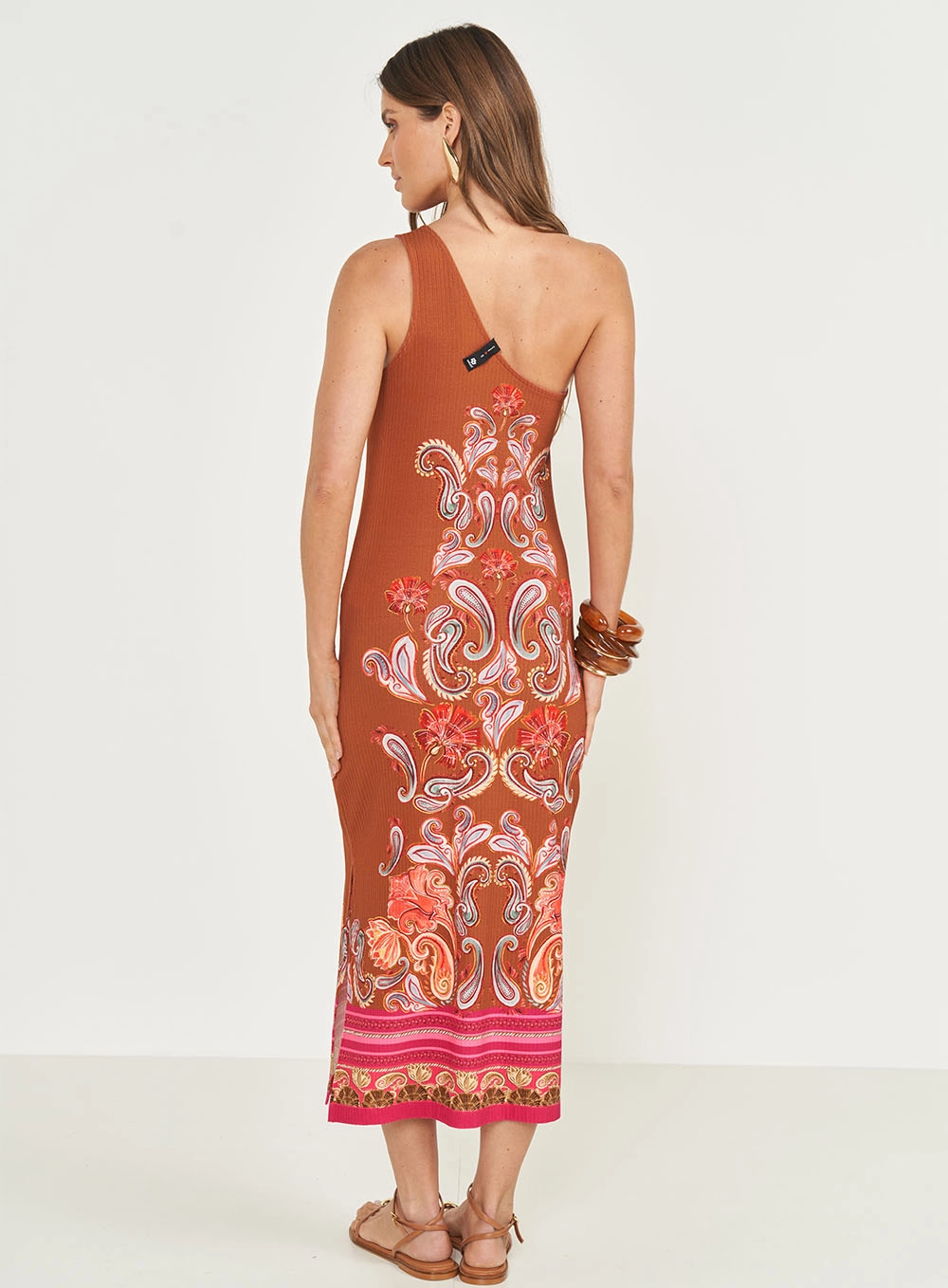 Vestido Midi Canelado Estampado Com Fenda Estampados