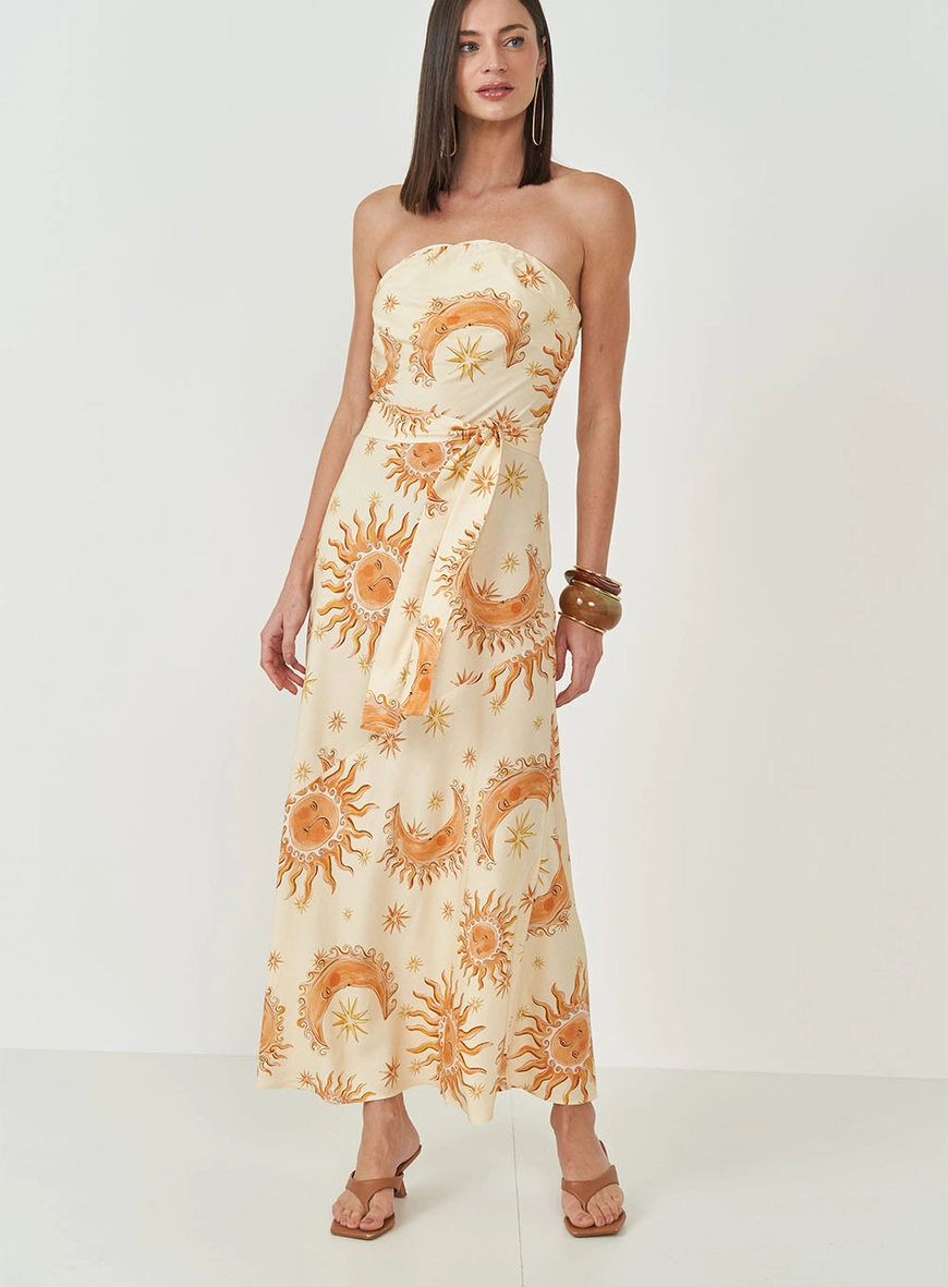 Vestido Midi Estampado Com Faixa Para Amarração