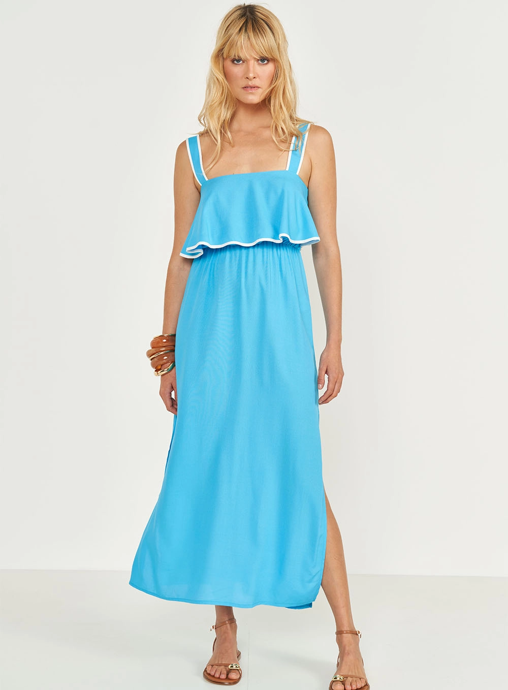 Vestido Midi Com Babados Azul