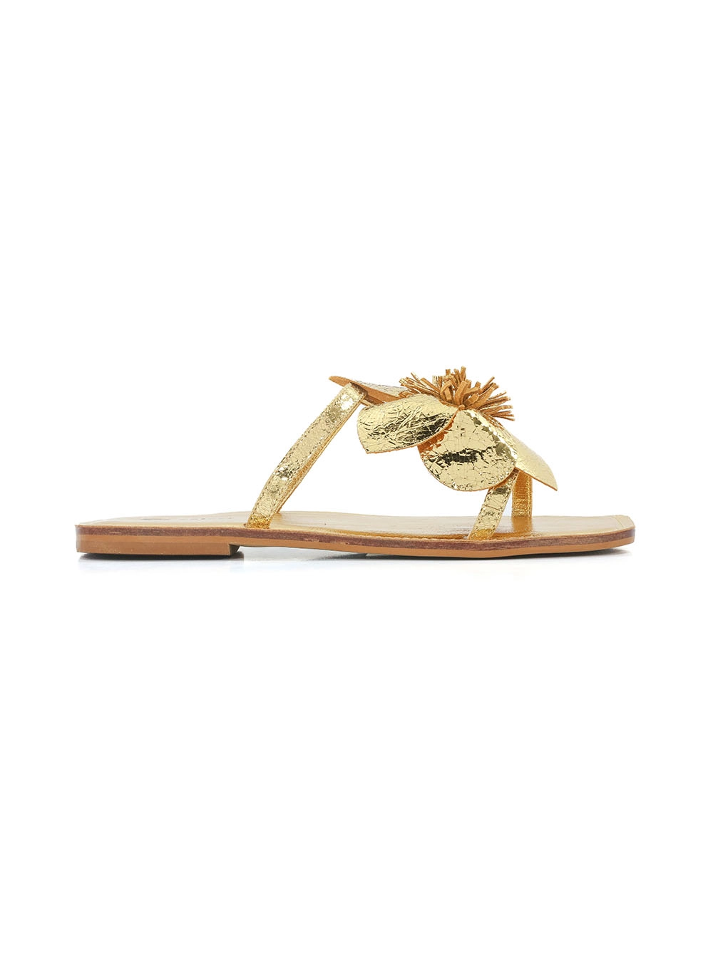 Sandália Rasteira Flor Em Couro Colcci Ouro