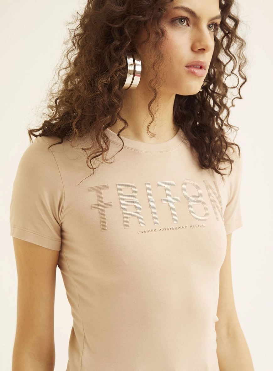 Camiseta Feminina Small Com Detalhe Frontal Bege 3