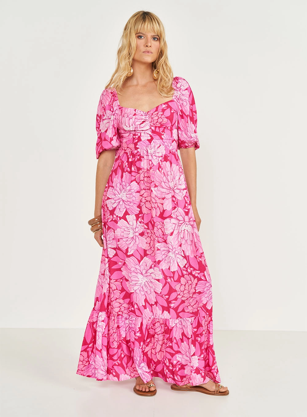 Vestido Longo Mangas Bufantes Com Estampa Estampados