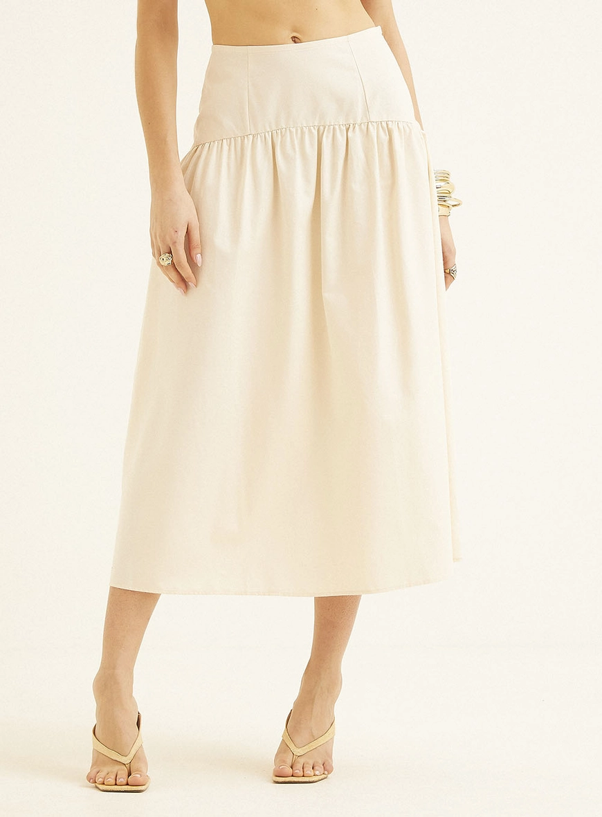 Saia Midi Comfort Com Detalhe Franzido Bege 2
