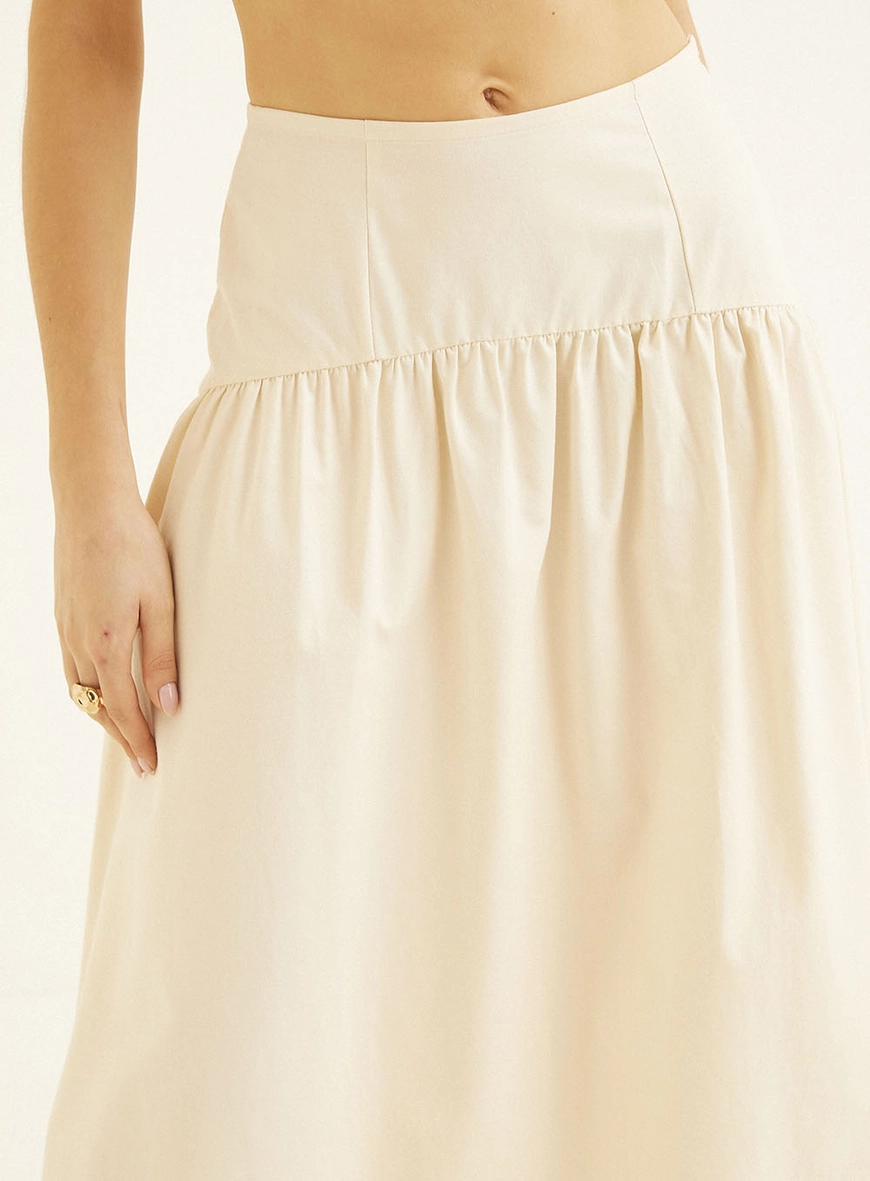 Saia Midi Comfort Com Detalhe Franzido Bege 3