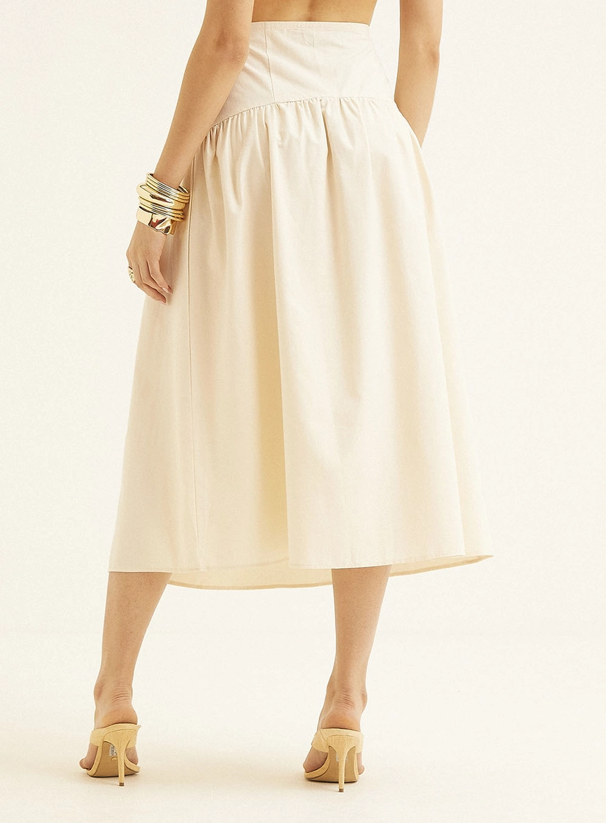 Saia Midi Comfort Com Detalhe Franzido Bege 4