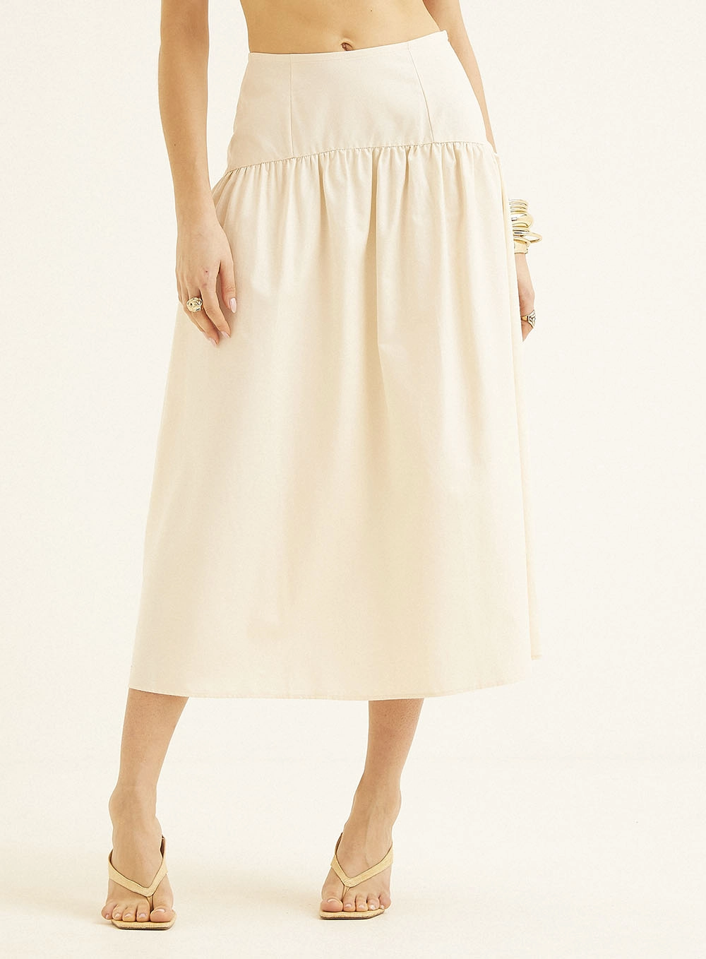 Saia Midi Comfort Com Detalhe Franzido Bege 2