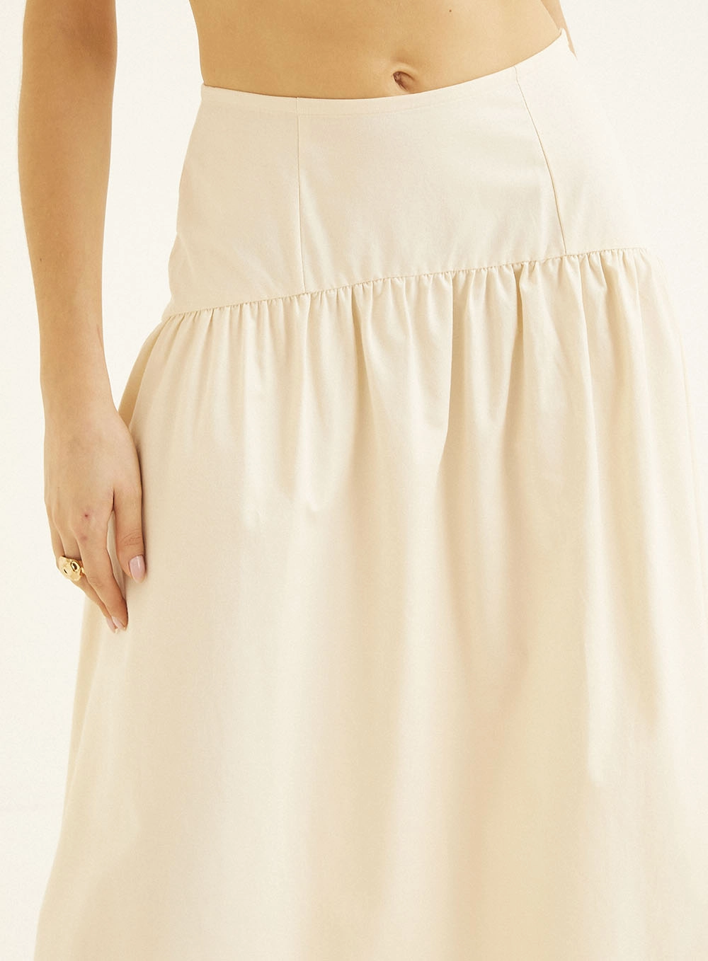 Saia Midi Comfort Com Detalhe Franzido Bege 3
