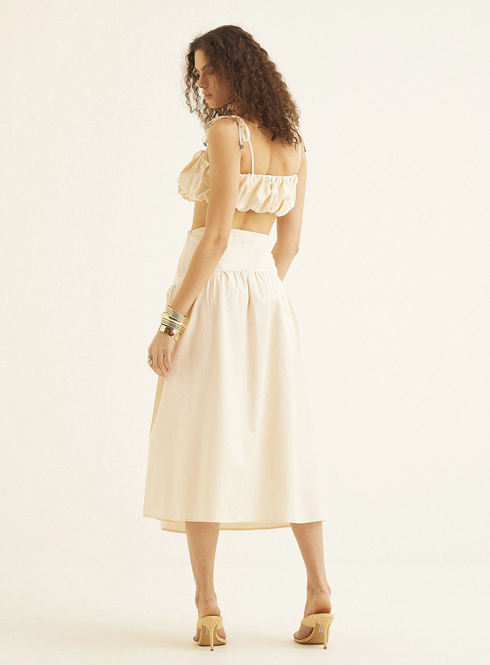 Saia Midi Comfort Com Detalhe Franzido Bege 5