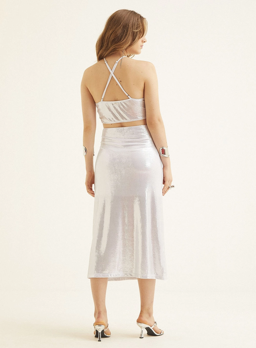 Vestido Midi Metalizado Com Detalhe De Recortes Prata 4