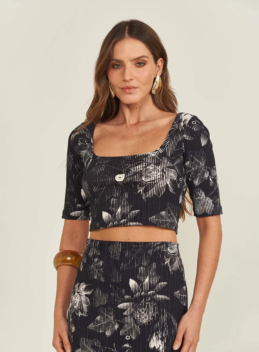 Blusa Slim Canelada Estampada Decote Quadrado