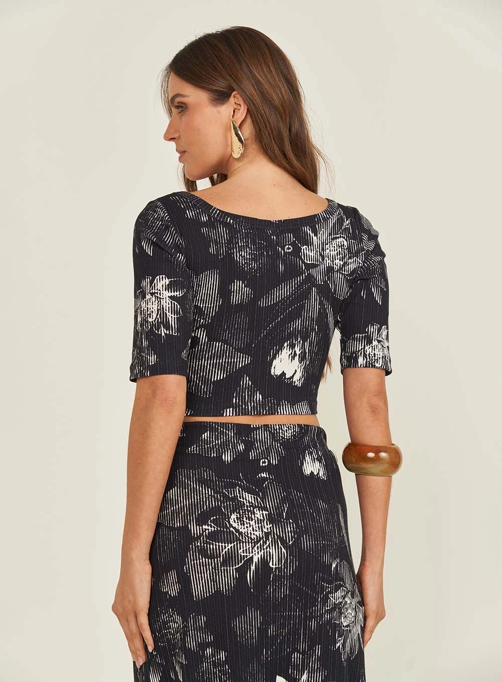 Blusa Slim Canelada Estampada Decote Quadrado Estampados