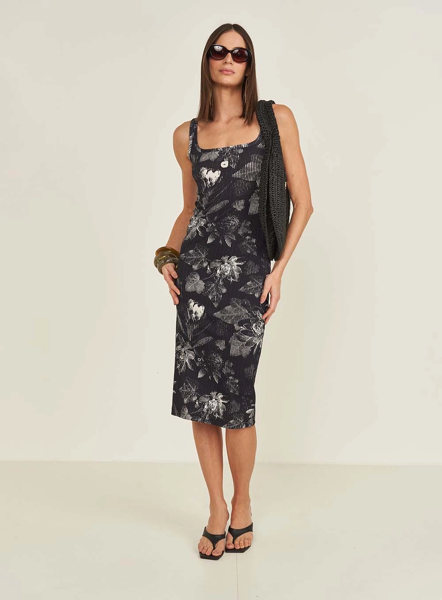 Vestido Slim Estampado Decote U Midi