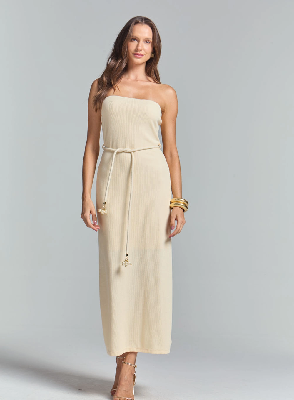 Vestido Evase Tomara Que Caia Com Cinto Bege 1