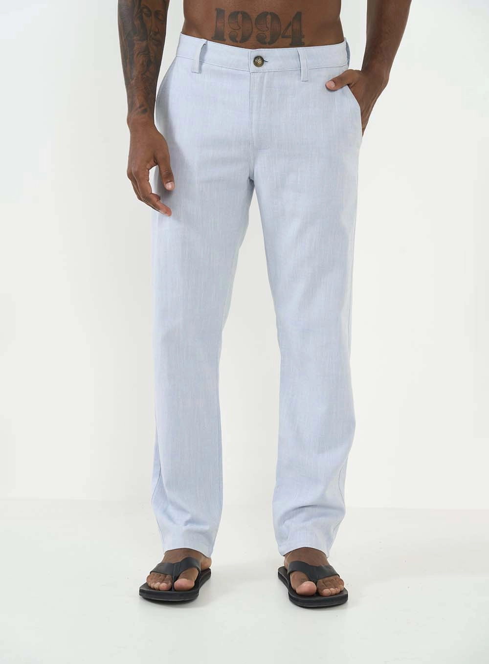 Calça Masculina Alfaiataria Reta Em Cotton Flamé Azul