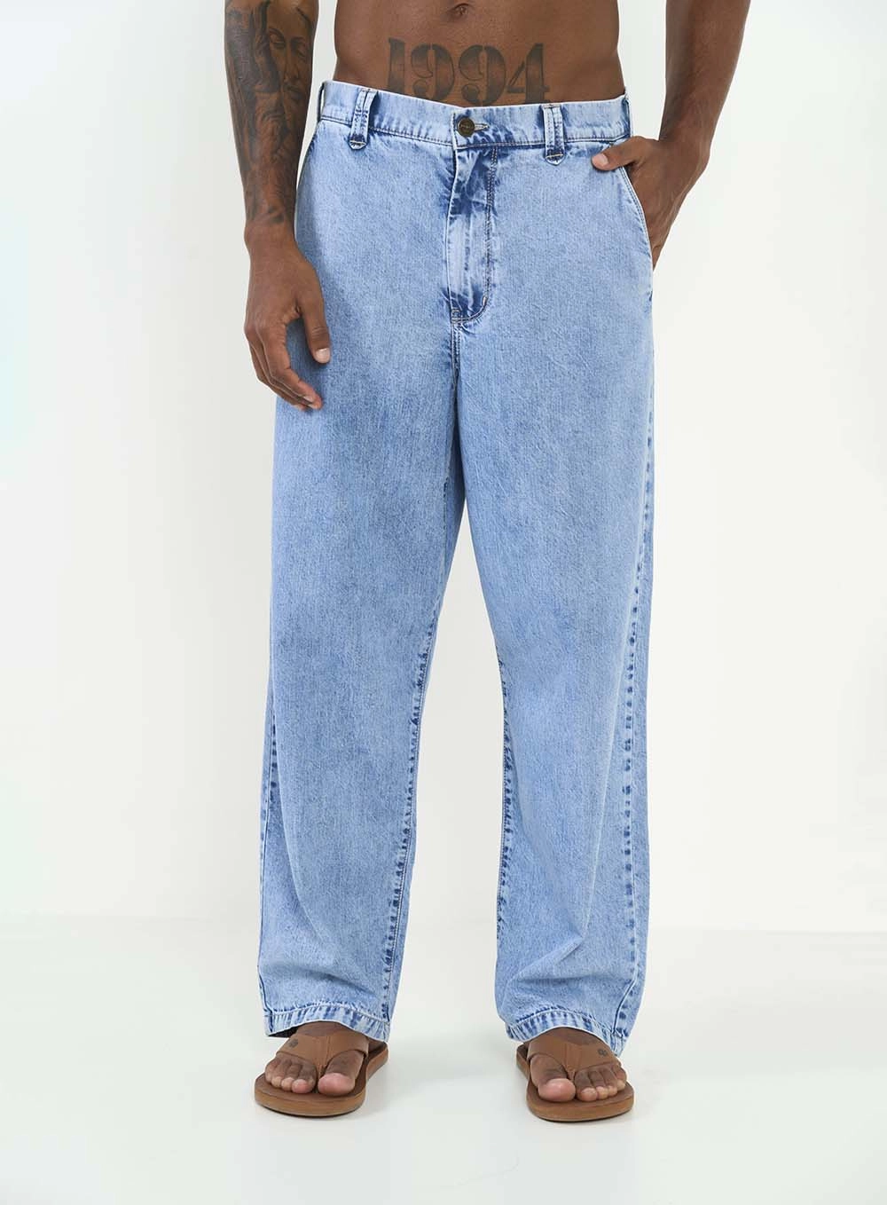 Calça Jeans Masculina Alfaiataria Slouchy Delavê Índigo