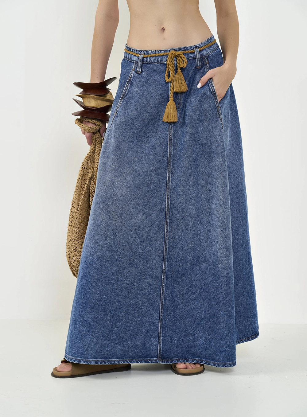 Saia Jeans Jade Longa Com Cordão Índigo
