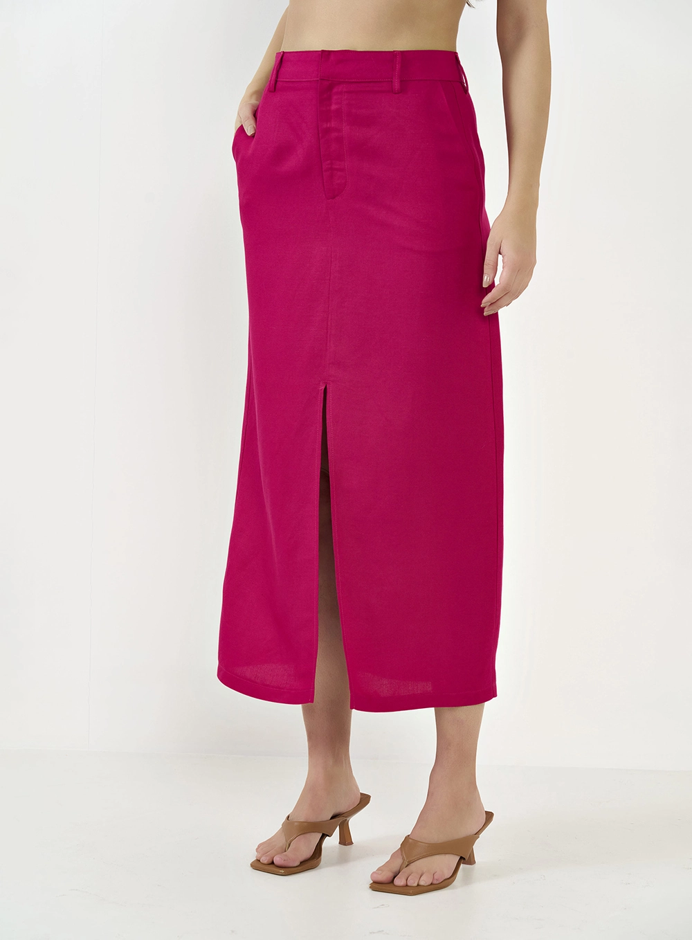 Saia Midi Alfaiataria Com Fenda Frontal Rosa Timeless