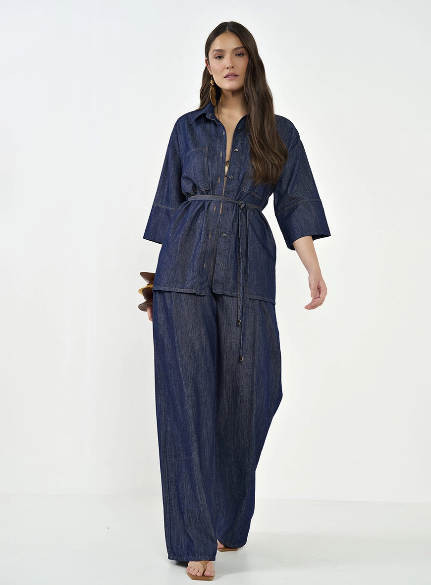 Camisa Jeans Comfort Alongado Com Bolsos