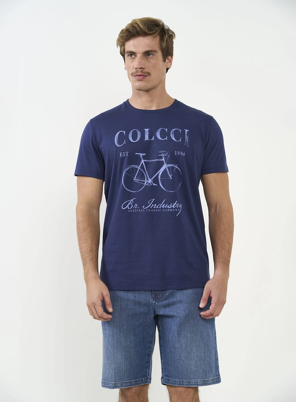 Camiseta Slim Manga Curta Com Estampa Azul