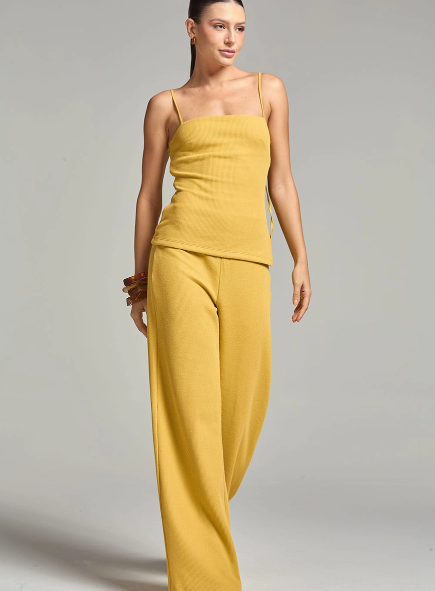 Calça Comfort Wide Canelada Com Elástico No Cós Amarelo 1
