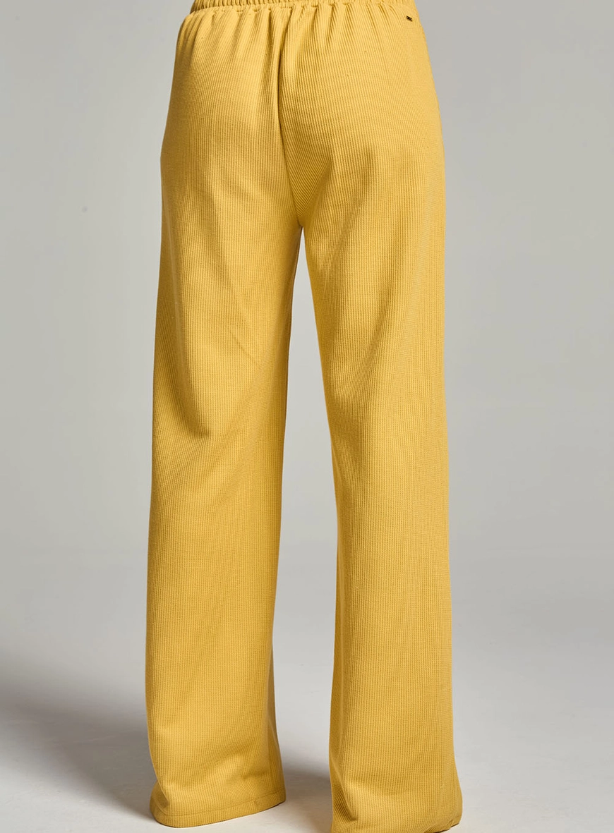 Calça Comfort Wide Canelada Com Elástico No Cós Amarelo 4
