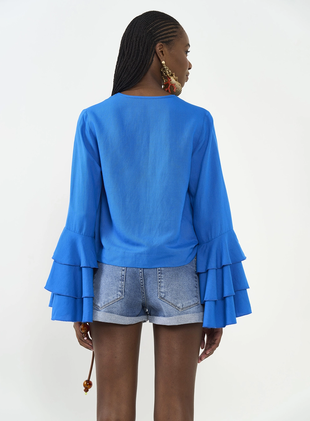 Blusa Boho Mangas Com Babados Azul