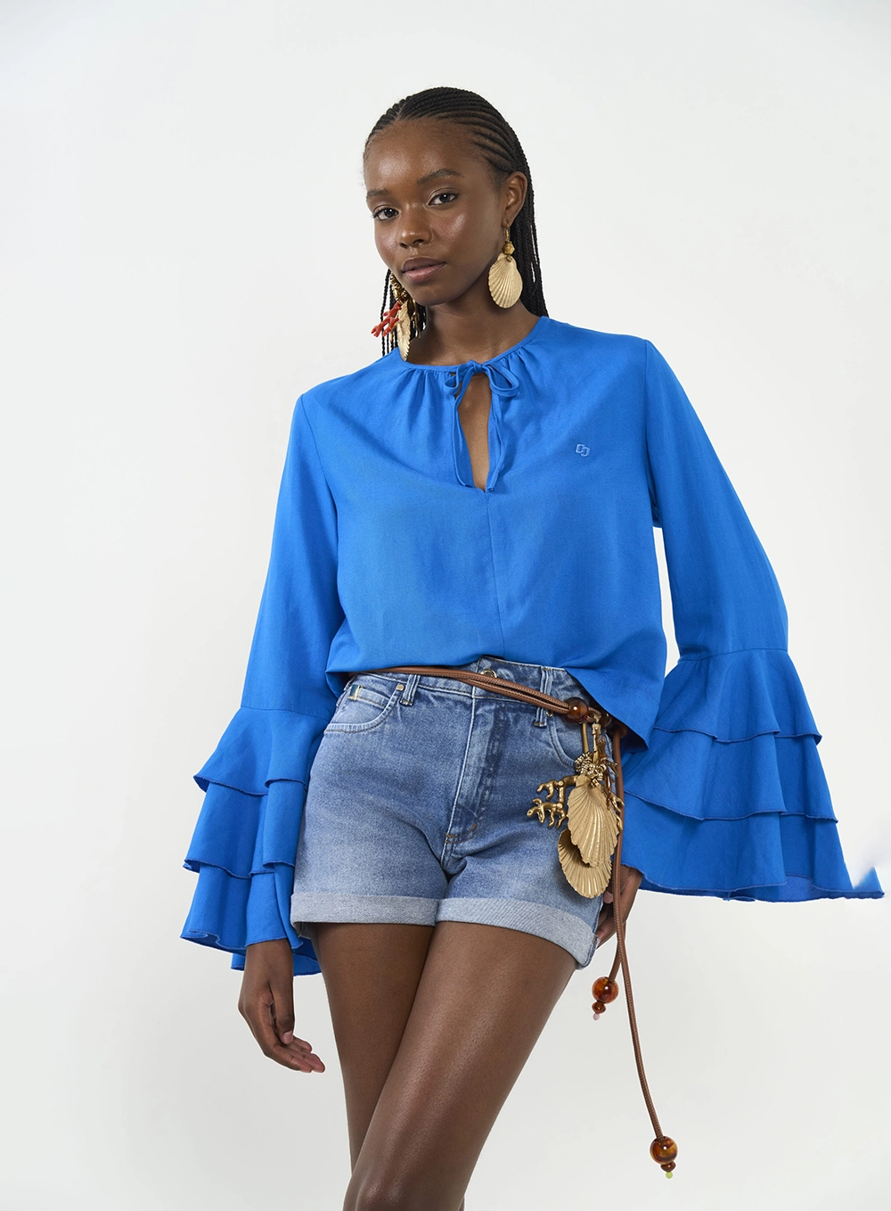 Blusa Boho Mangas Com Babados Azul