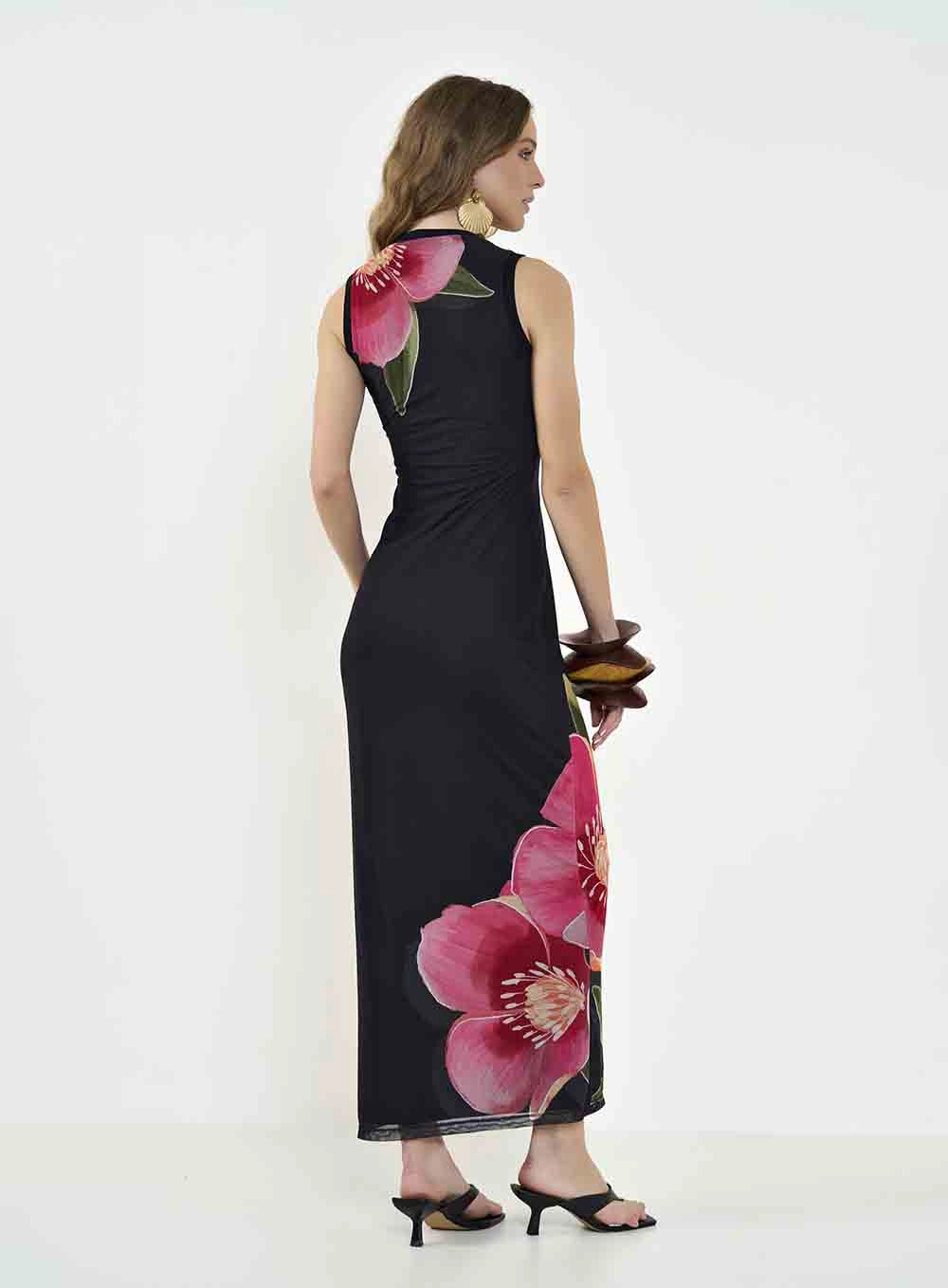 Vestido Midi Em Tule Com Estampa Preto