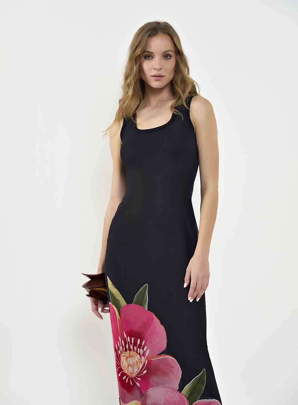 Vestido Midi Em Tule Com Estampa Preto