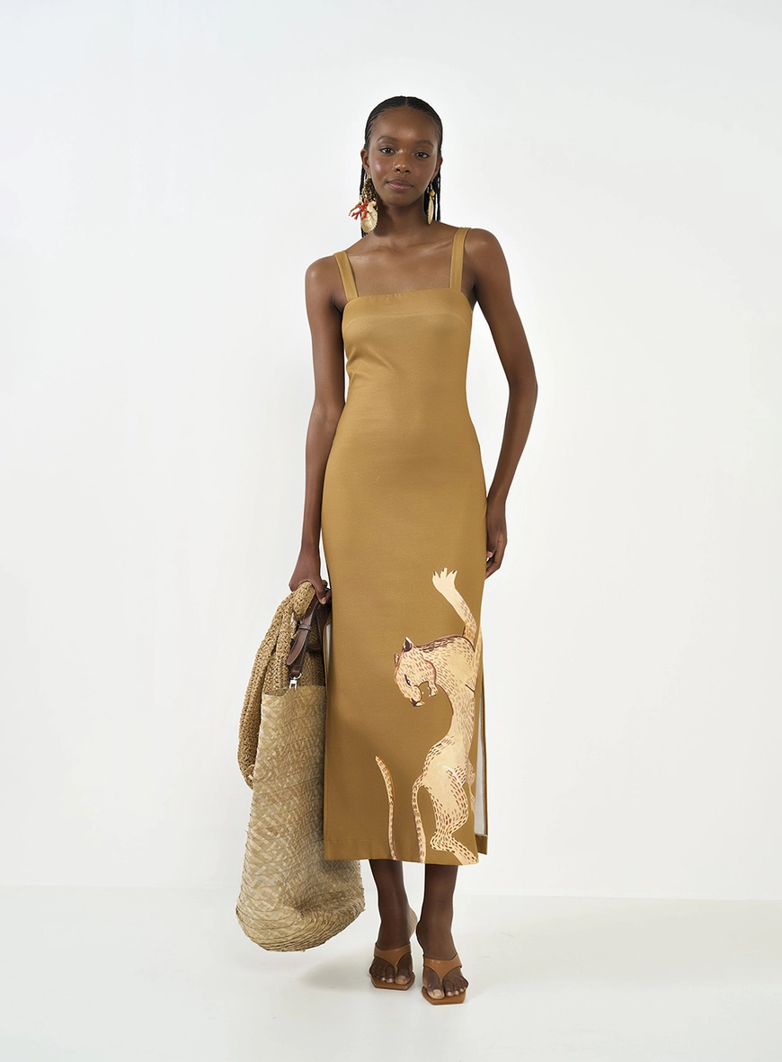 Vestido Midi Justo Com Estampa